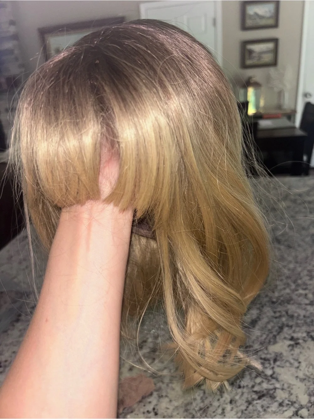 Title: Blonde Bob Wig Dark Roots Side Bangs Gently Worn